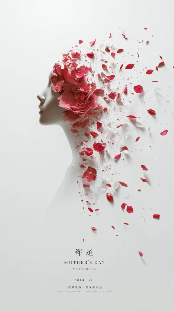 An artistic depiction of Mother's Day.  A minimalist, white figure's head and shoulders are adorned with disintegrating pink blossoms. Petals scatter, creating a sense of ephemeral beauty and the passage of time. The design evokes themes of motherhood, fragility, and memory, with subtle elegance.  The text indicates a date and possibly a brand or designer.