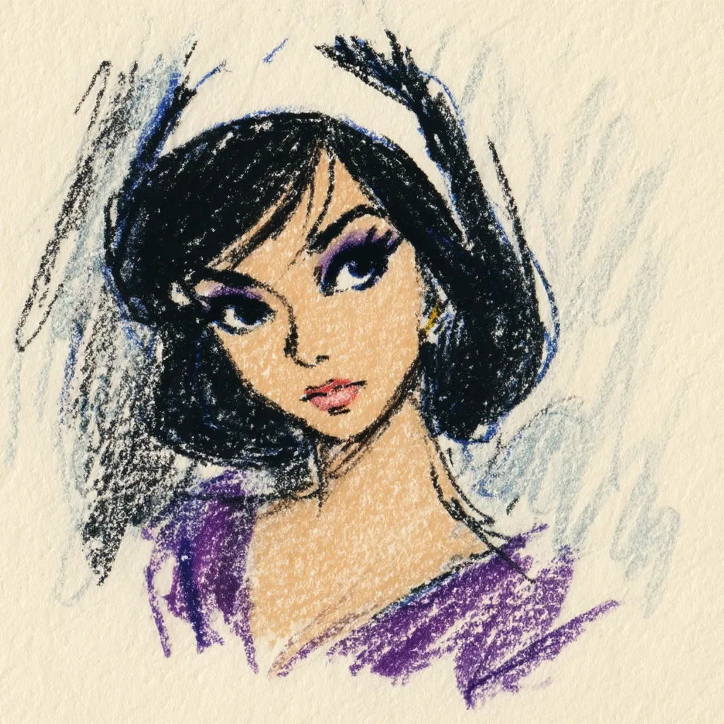 A pastel drawing depicts a young woman with dark hair and expressive eyes.  She wears a white headband and a purple dress.  The style is reminiscent of fashion illustration, with bold lines and a slightly stylized figure.  The background is textured and loosely rendered, focusing attention on the woman's face and upper body.  The overall impression is one of elegance and sophistication.