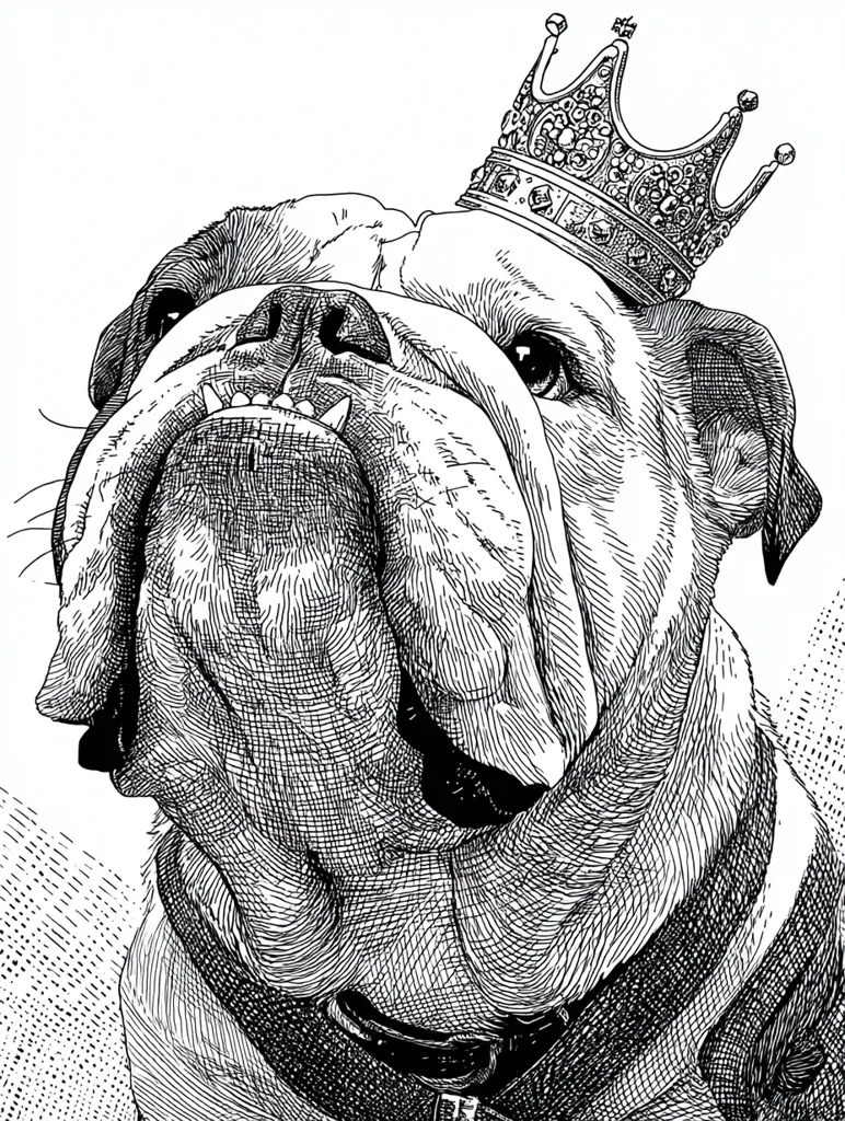 A detailed black and white pen-and-ink drawing depicts a majestic bulldog wearing a jeweled crown. The dog's face is prominently featured, showcasing its wrinkles and expressive eyes.  The crown sits atop its head, adding a regal air.  The artist's meticulous detailing is evident in the fur texture and the intricate design of the crown. The overall impression is one of dignified power and playful grandeur.