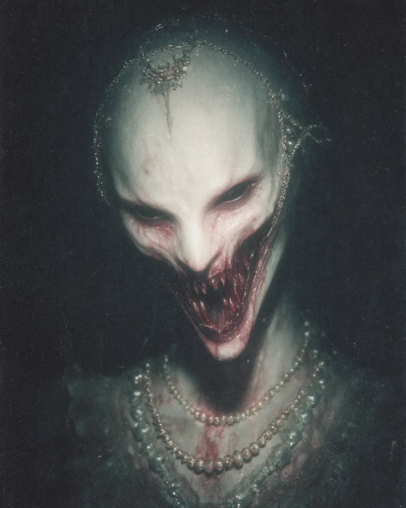 A horrifying close-up portrait depicts a pale, bald figure with a grotesque, gaping mouth revealing sharp teeth and bloody gums.  The creature wears a pearl necklace and a delicate headpiece, creating a stark contrast between elegant adornments and terrifying features.  The dark background emphasizes the unsettling visage, suggesting a disturbing and unsettling image.