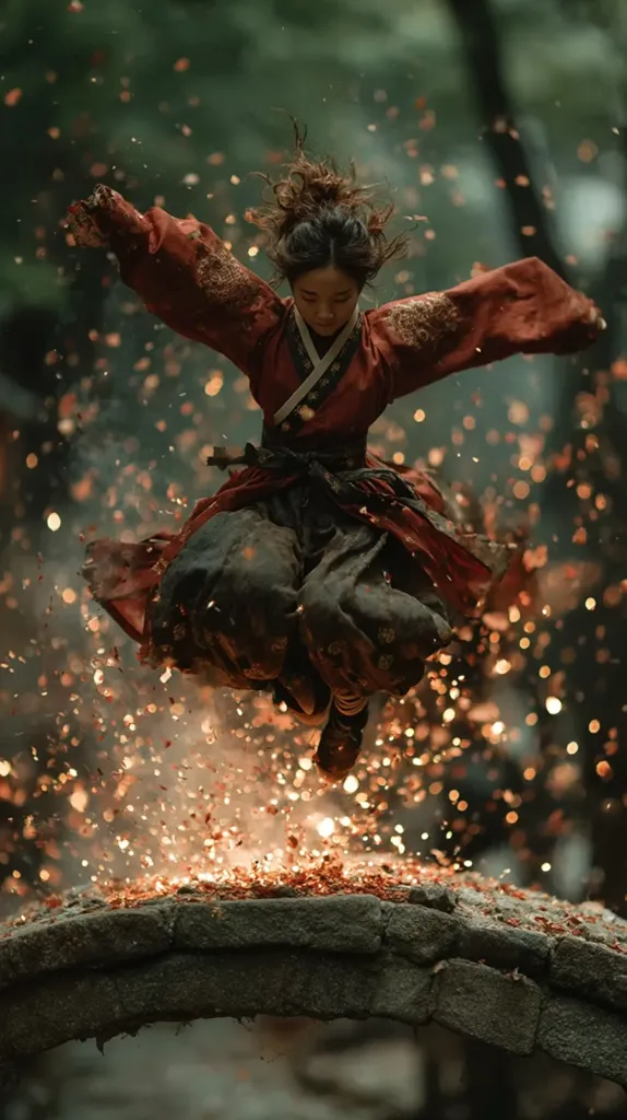 A woman in a flowing, dark red and black Hanbok leaps through the air, surrounded by a shower of sparks.  Her arms are outstretched, her hair unbound. The scene is set against a dark, natural backdrop, possibly a forest, with a low stone bridge beneath her.  The image has a dramatic, almost ethereal quality, suggesting movement and power.