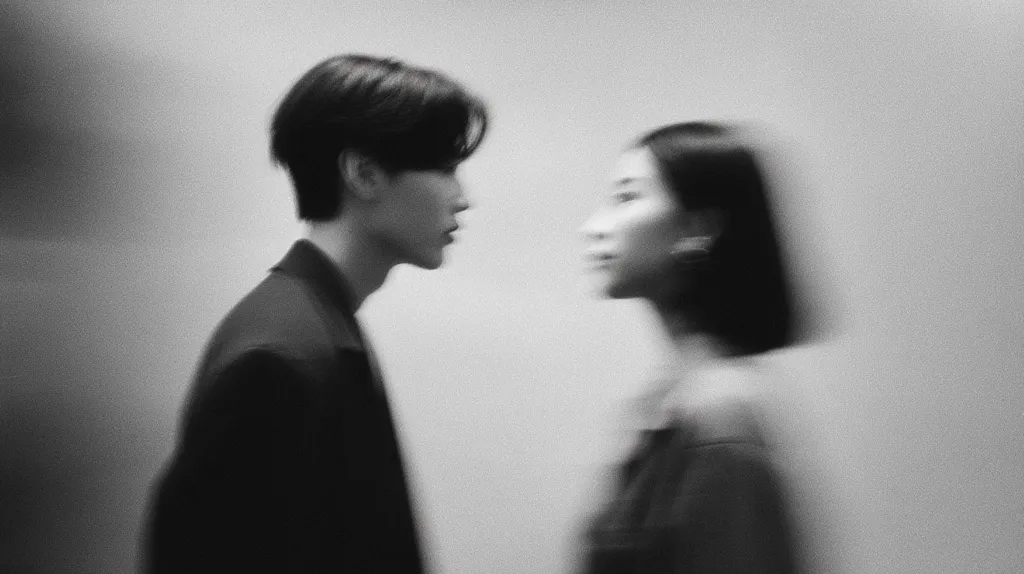A black and white, blurry photograph depicts a young man and woman facing each other.  Their bodies are slightly out of focus, creating a dreamy, ethereal effect. The man is dressed in a suit jacket, and the woman wears a dark top.  The image conveys intimacy and a sense of unspoken connection.  The neutral background emphasizes the couple.