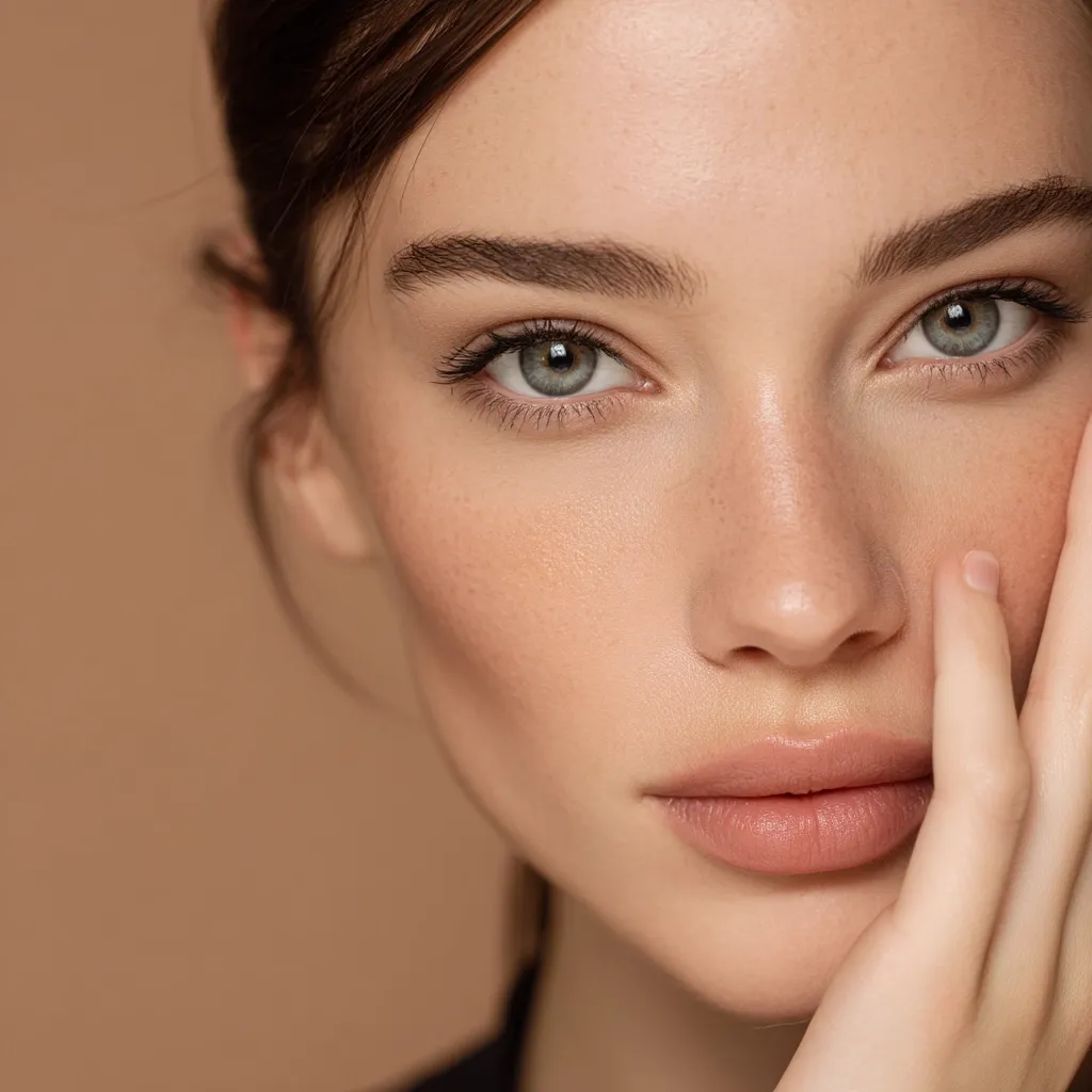 Close-up portrait of a young woman with flawless skin.  Her large, expressive gray eyes are captivating, accentuated by subtly defined eyebrows.  Her hand gently rests against her face, highlighting her delicate features and natural beauty.  The soft lighting and neutral background emphasize her complexion.  The overall impression is one of understated elegance and natural beauty.