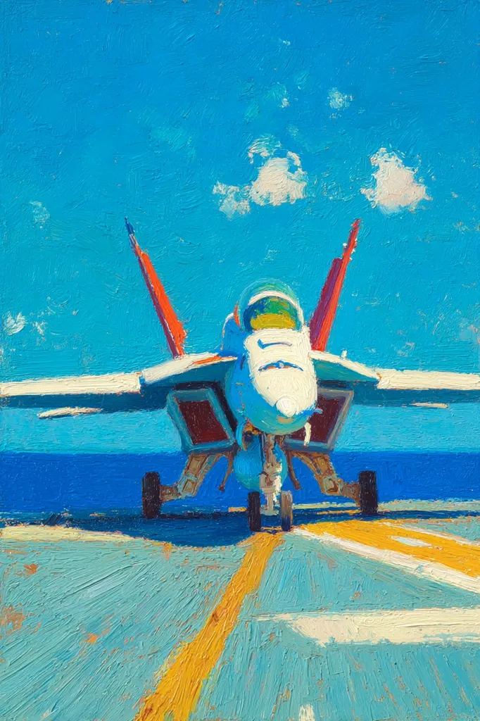 A vibrant oil painting depicts an F/A-18 Super Hornet fighter jet on an aircraft carrier deck under a bright blue sky.  The jet is positioned facing the viewer, its bright white body contrasting with the orange accents.  The impasto style emphasizes the texture of the paint, giving the scene a dynamic energy.  The ocean is visible in the background, a tranquil blue complement to the vibrant sky.  Yellow lines on the carrier deck guide the viewer's eye toward the powerful aircraft.