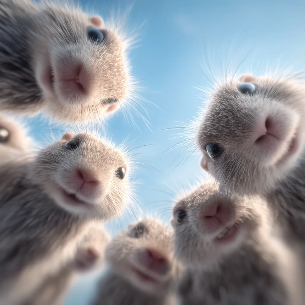 Five adorable baby prairie dogs look directly up at the camera, their faces filling the frame against a bright blue sky.  Their expressions are sweet and curious, with wide eyes and slightly open mouths.  The image is shot from a low angle, creating a fun, playful perspective. The soft fur of the animals is clearly visible.
