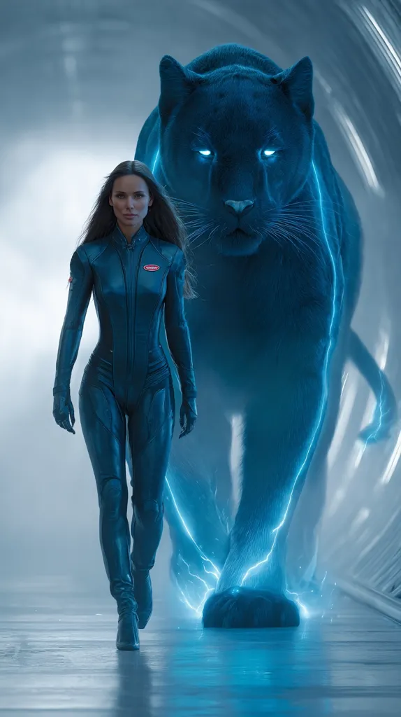 A woman in a sleek, dark bodysuit walks alongside a massive, glowing black panther in a futuristic, tunnel-like setting.  Electric blue energy crackles around the panther's paws. The woman's confident stride mirrors the panther's powerful gait, creating a sense of unity and shared strength.  The scene is dramatic and visually striking, hinting at a powerful partnership or shared destiny.