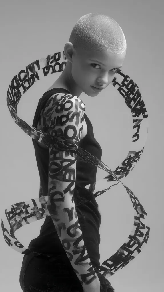 A monochrome image showcases a young woman with a shaved head, adorned in a black sleeveless top and jeans.  Her arm is strikingly decorated with a ribbon-like design featuring overlapping, stylized lettering. This ribbon encircles her body, creating a dynamic visual effect against a plain, light gray background. The overall mood is modern and artistic.