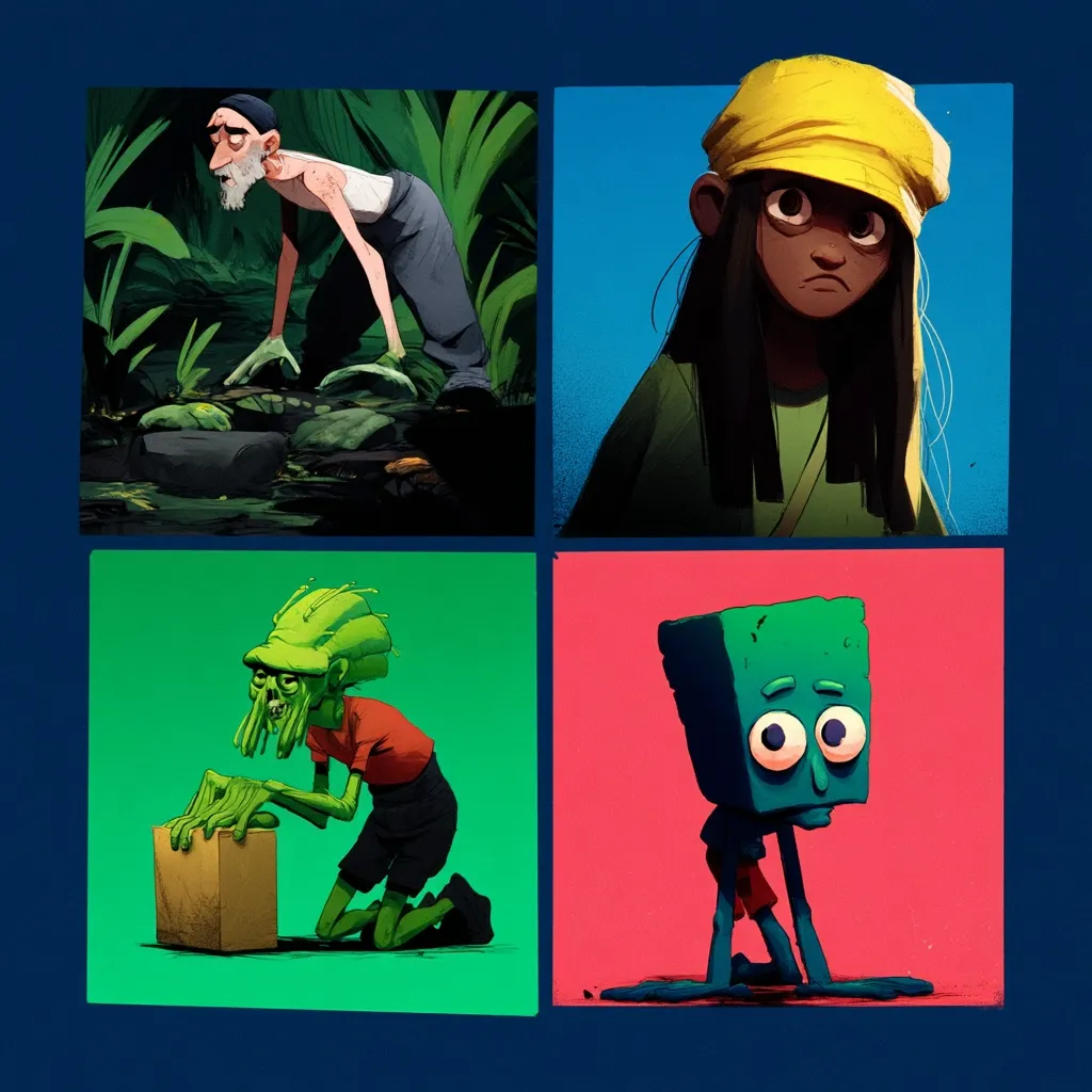 A digital art collage showcases four distinct characters.  Top left: An elderly, frail man stoops in a swampy jungle. Top right: A young girl with long dark hair wears a yellow cap, her expression somber. Bottom left: A green, zombie-like creature kneels, manipulating a box. Bottom right: A boxy, teal creature with large eyes crouches on a pink background.  Each character is rendered in a unique style, creating a visually diverse composition.
