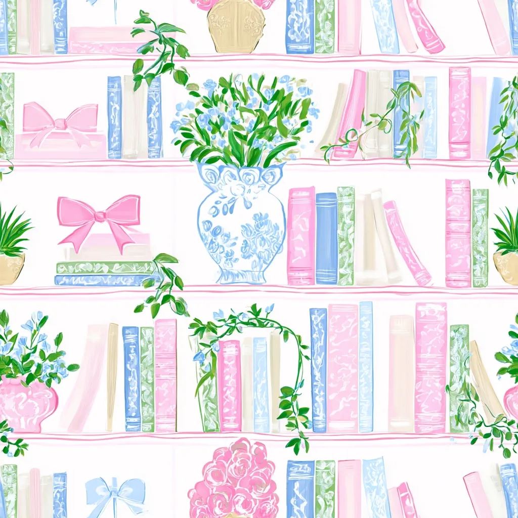 A seamless pattern depicting pastel-colored bookshelves. Each shelf is adorned with stacks of books in soft pink, blue, and green hues.  Flower arrangements in delicate porcelain vases and small potted plants are interspersed among the books, along with pink ribbon-tied gifts.  The overall style is feminine and whimsical.
