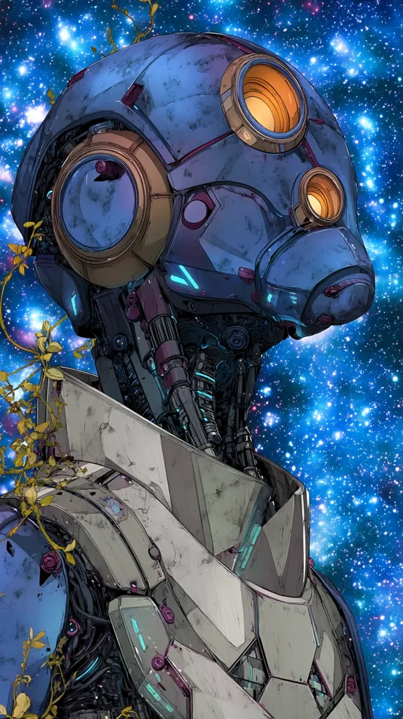 A detailed illustration depicts a weathered robot, possibly an astronaut, against a vibrant backdrop of a starry nebula.  Its helmet features circular, glowing lenses and intricate mechanical details are visible throughout its design.  Vines or plants grow along its body, suggesting a connection to nature or a long period of time. The overall style is reminiscent of science fiction art, blending futuristic technology with organic elements.