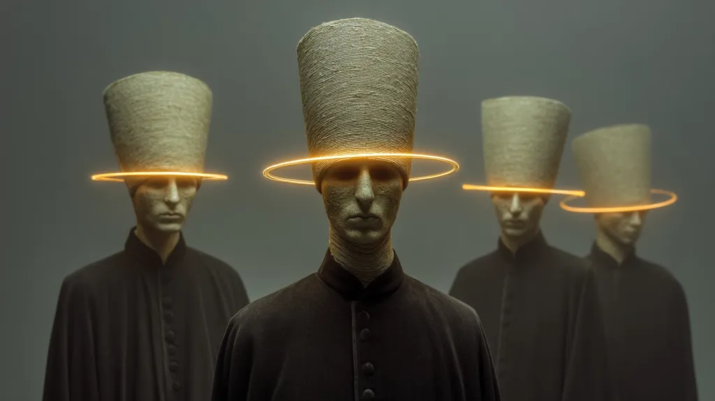 Four figures, cloaked in dark robes and tall, cylindrical hats, stand against a muted grey background.  A glowing orange halo encircles each hat, creating a surreal and otherworldly atmosphere. The central figure is prominently featured, while the others flank them, suggesting a sense of order or hierarchy. The overall aesthetic is minimalist and enigmatic.