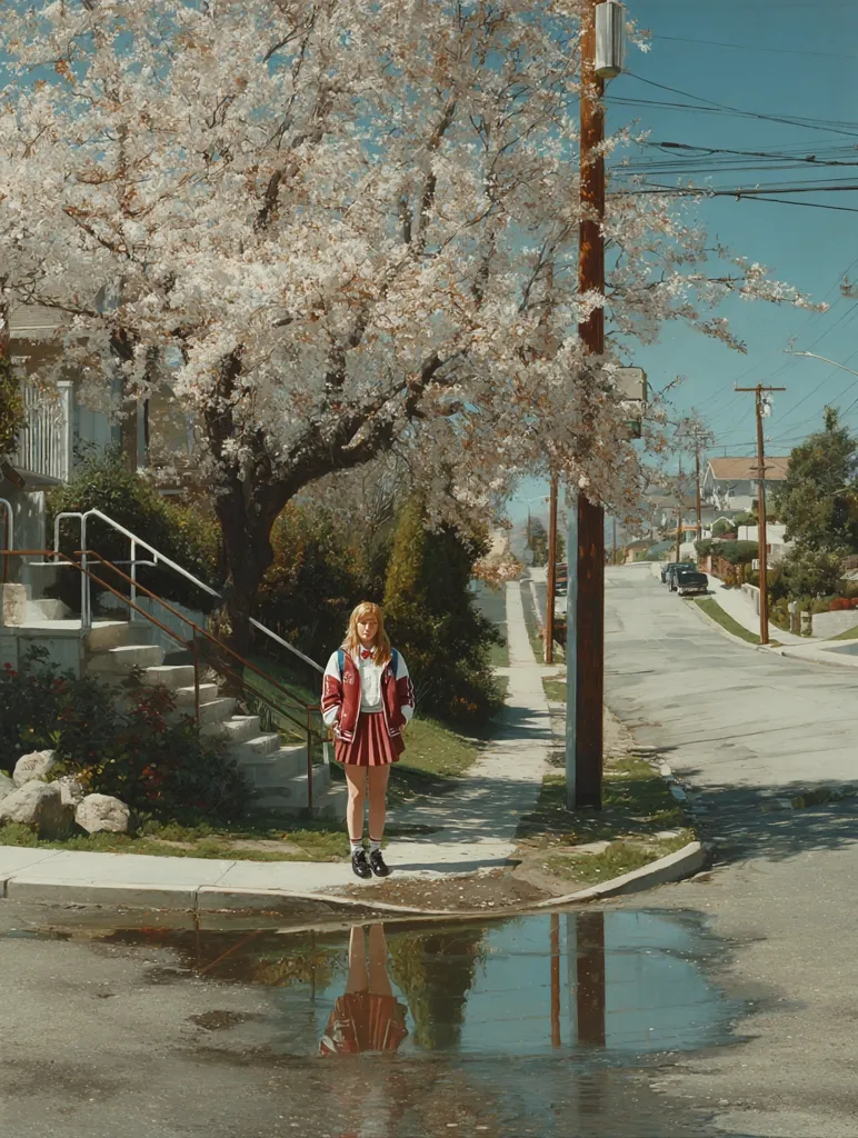 A young woman in a maroon varsity jacket and pleated skirt stands on a sidewalk beneath a blossoming cherry tree.  A puddle reflects her and the tree on a quiet residential street.  The scene is bathed in sunlight, with houses lining the gently sloping street in a suburban setting.  Power lines stretch across the clear blue sky.