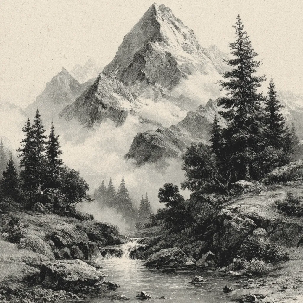 A monochrome landscape drawing depicts a majestic snow-capped mountain peak dominating the background, partially shrouded in mist.  A tranquil stream flows through the foreground, cascading over rocks, towards a valley filled with coniferous trees and rugged terrain. The scene evokes a serene, yet awe-inspiring natural beauty, with the contrast between the imposing mountain and the peaceful valley creating a compelling visual narrative.  The detailed shading suggests depth and texture.