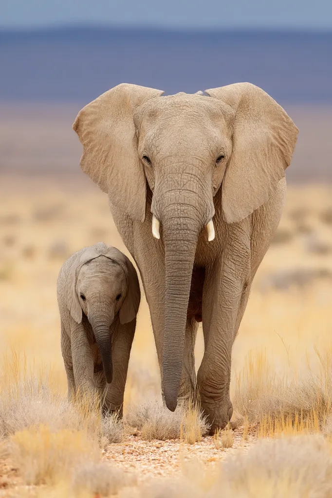 An adult African elephant and its young calf walk toward the camera across a dry, grassy landscape.  The mother elephant's large ears and wrinkled skin are prominent, while the calf trails closely behind. The arid, tan-colored environment provides a stark contrast to the elephants' lighter coloring.  The image evokes a sense of family and resilience in a harsh habitat.