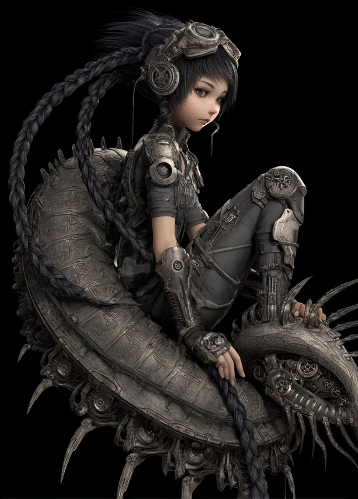 A digital rendering showcases a female character, styled as an anime girl, with long braided black hair.  She's clad in dark, metallic steampunk-inspired armor and clothing.  She sits atop a large, intricately detailed mechanical creature or device, its surface textured with carvings and numerous gears and components. The overall aesthetic is dark, futuristic, and slightly gothic.