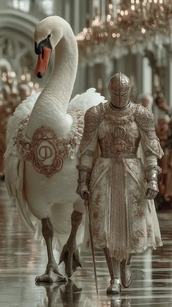 A knight in ornate, cream-colored armor walks beside a large white swan. The swan is adorned with a lavish gold and cream harness featuring a stylized crest.  The scene is set within a grand, palatial interior with blurred, opulent background details.  The knight carries a long, slender sword. The overall aesthetic is regal and fantastical.