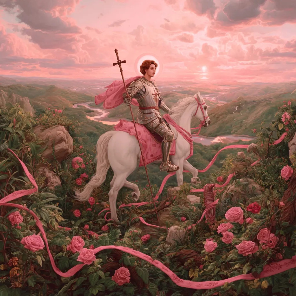 A knight in shining armor, riding a white horse, gallops through a rose-filled landscape at sunset.  Pink ribbons trail behind them, adding to the romantic and ethereal atmosphere. The knight holds a lance, and a halo surrounds his head. The scene evokes a sense of chivalry, peace, and a journey into a magical realm.  Rolling hills and a winding river stretch out in the distance under a soft, pink sky.
