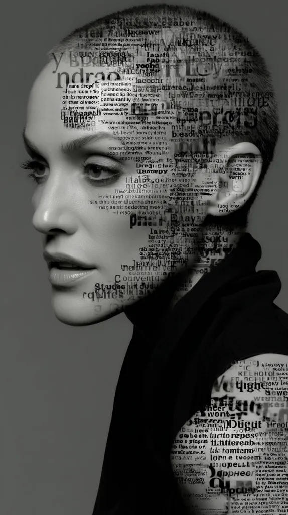 A black and white portrait of a woman with a shaved head.  Her face is overlaid with a dense collage of text, creating a fragmented and layered effect. The text appears to be from various sources, obscuring parts of her features while still allowing her expression to be seen.  She is wearing dark clothing, enhancing the dramatic contrast of the image. The overall mood is one of mystery and intellectual depth.