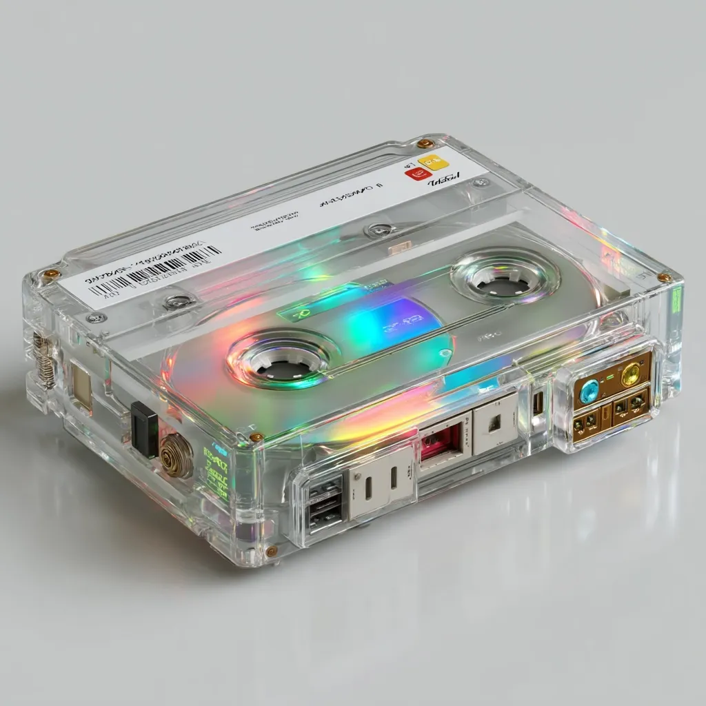 A transparent cassette tape, seemingly a modern artistic rendition, displays iridescent colors on its surface.  The cassette's clear casing reveals internal mechanisms and features modern ports on its back, suggesting a blend of retro and contemporary design.  Labels and markings on the tape are visible, though illegible. The overall aesthetic is sleek and futuristic, with a subtle emphasis on nostalgia.