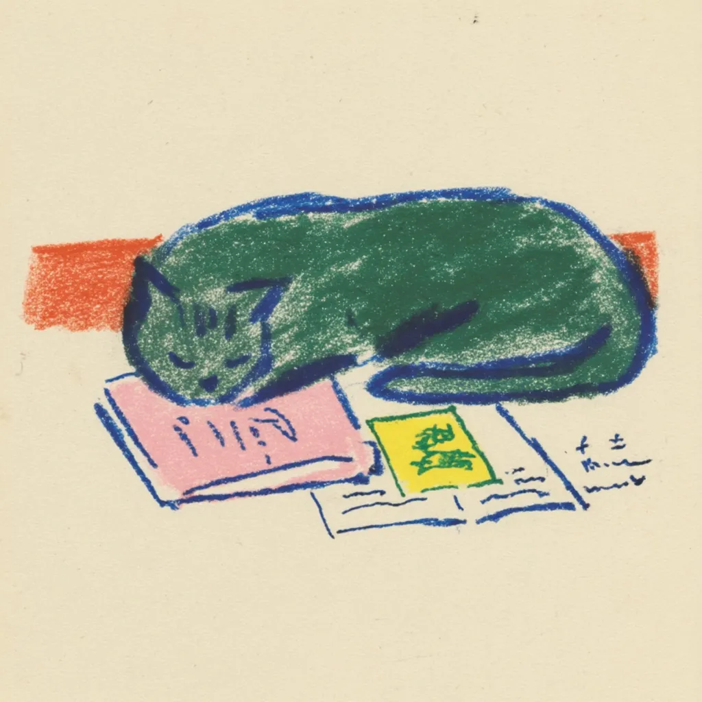 A charming illustration depicts a dark green cat napping peacefully atop a stack of papers.  The cat's body is rendered in loose, expressive strokes of pastel.  The papers beneath it include a pink book with illegible text and another with a yellow square featuring green characters.  The overall style is whimsical and childlike.