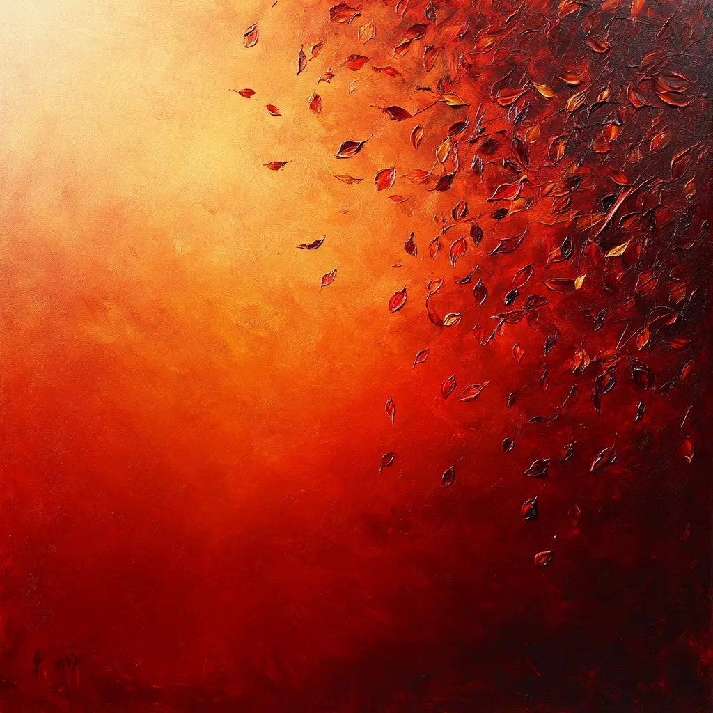 An abstract painting depicts a fiery sunset or sunrise.  Warm oranges and reds dominate the canvas, transitioning from a bright, almost golden hue at the top to deep crimson at the bottom.  Numerous small, textured brushstrokes suggest falling leaves, concentrated on the right, adding depth and movement to the fiery background.  The overall effect is one of warmth, energy, and autumnal beauty.