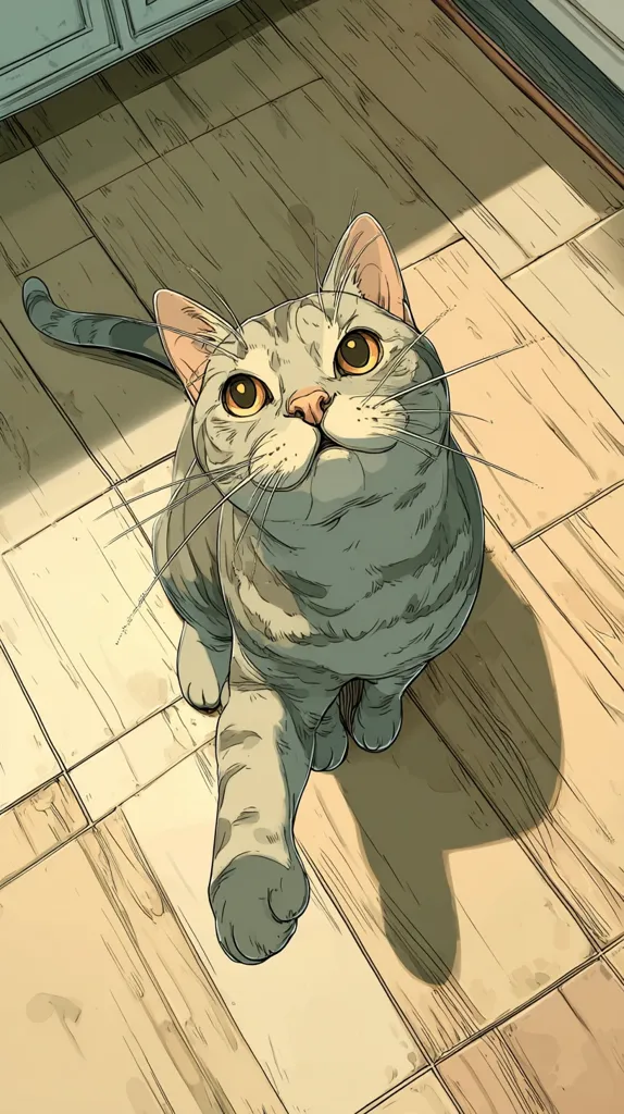 A gray tabby cat, viewed from above, looks up expectantly. Its large, golden eyes are captivating.  The cat is positioned on a light wood floor, its shadow cast beside it. The illustration style is detailed and expressive, capturing the cat's curious gaze and soft fur. The scene is peaceful and domestic, evoking a sense of warmth.