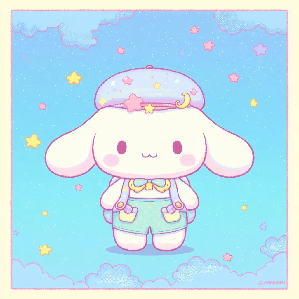 A cute, chibi-style illustration of Cinnamoroll, a Sanrio character.  Cinnamoroll is depicted wearing a pastel blue beret adorned with stars and a crescent moon, a teal backpack, and matching shorts. The background is a soft blue sky with fluffy clouds and twinkling stars, creating a dreamy, whimsical atmosphere.  The overall style is sweet and pastel-toned.