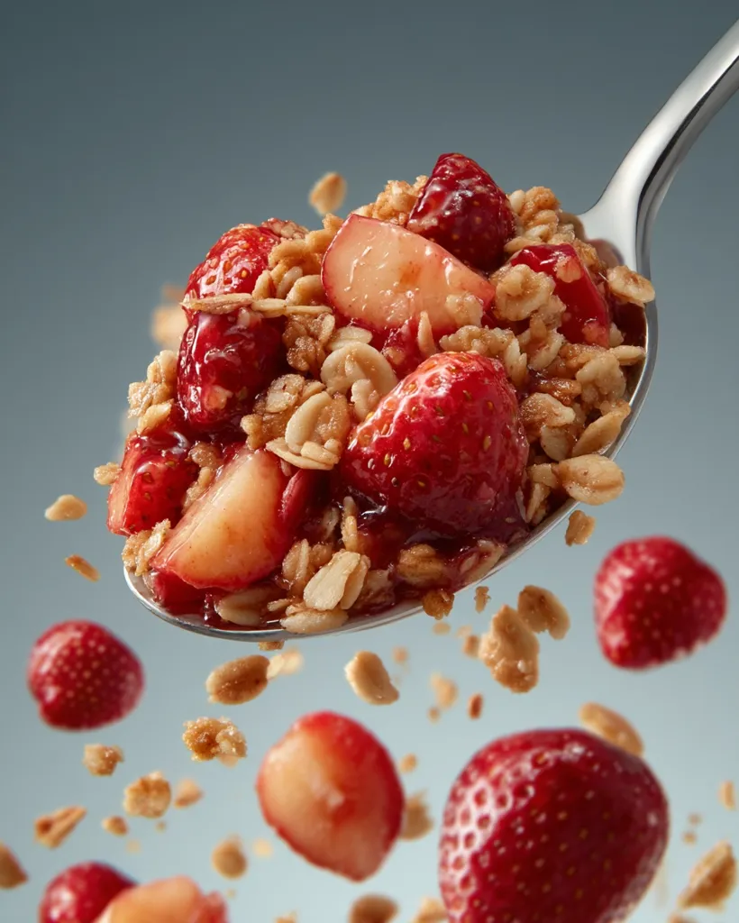 A silver spoon overflowing with a delicious strawberry and granola crumble.  The mixture is glistening with a sweet sauce, and pieces of the crumble are falling, creating a dynamic, appetizing image.  Fresh strawberries are scattered around the spoon, adding to the overall sense of fruity abundance.