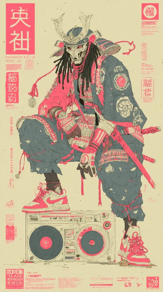 A stylized illustration depicts a samurai in contemporary streetwear, perched atop a boombox. The artwork blends traditional Japanese armor with modern sneakers and a cassette player, creating a striking fusion of cultures.  The samurai's long dreadlocks and mask-like helmet add to the unique aesthetic.  The color palette is primarily muted, with pops of pink accenting the design.  Japanese characters are interspersed throughout the image, enhancing its cultural context.