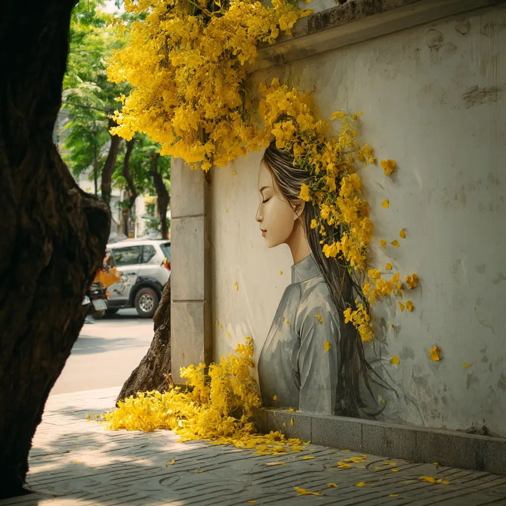 A serene mural depicts a woman with flowing dark hair adorned with vibrant yellow flowers, reminiscent of a blossoming crown.  The artwork is situated on a light-grey wall, with fallen blossoms scattered on the ground at its base.  The scene is framed by a tree trunk and a street scene in the background, suggesting an urban setting.  The overall mood is peaceful and evocative.