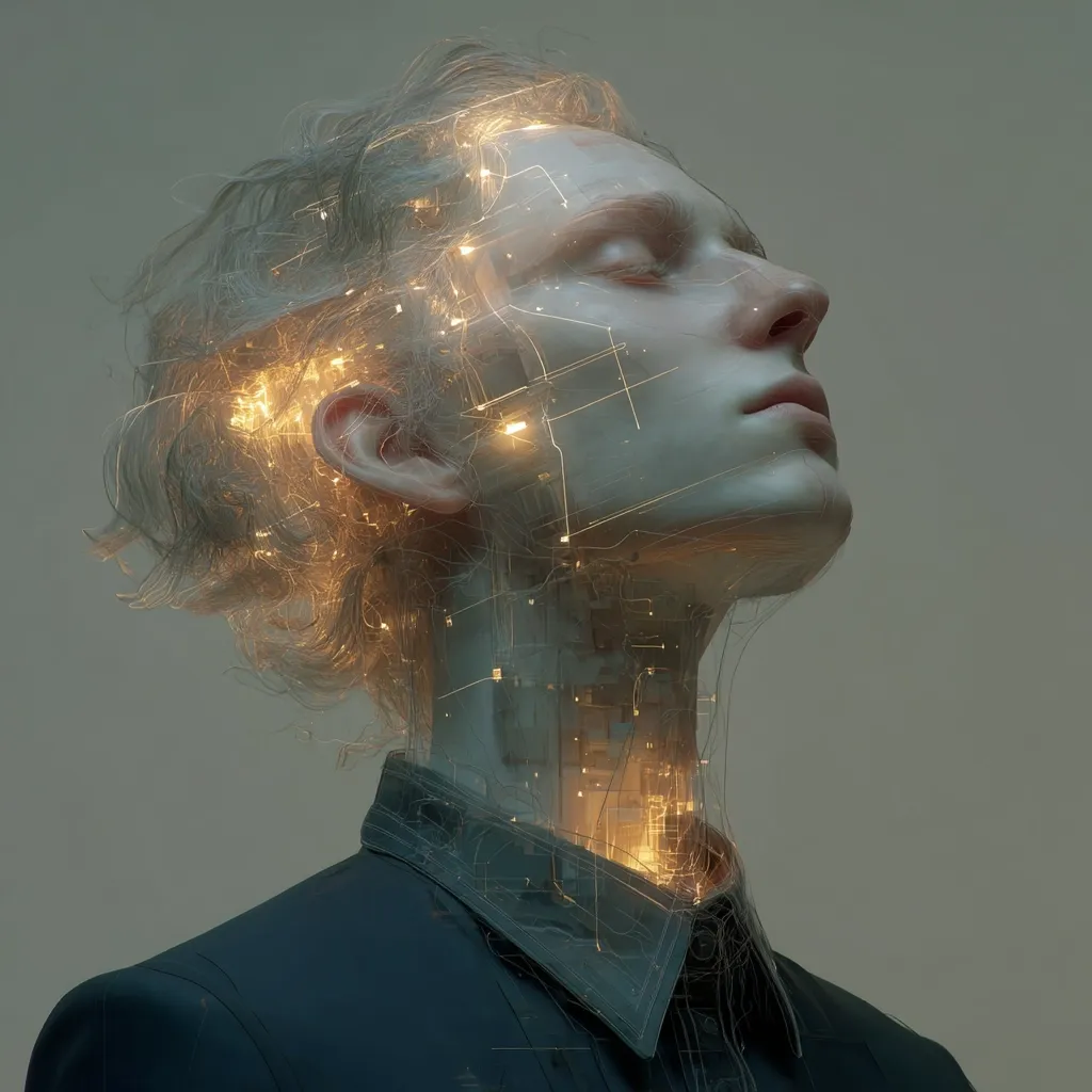 A digital art piece depicts a person with short, light hair, their eyes closed, head tilted back.  Glowing, circuit-like lines emanate from within their head and neck, extending down into their dark clothing, suggesting a merging of human and technology.  The overall tone is serene yet futuristic, with soft lighting highlighting the ethereal quality of the image.