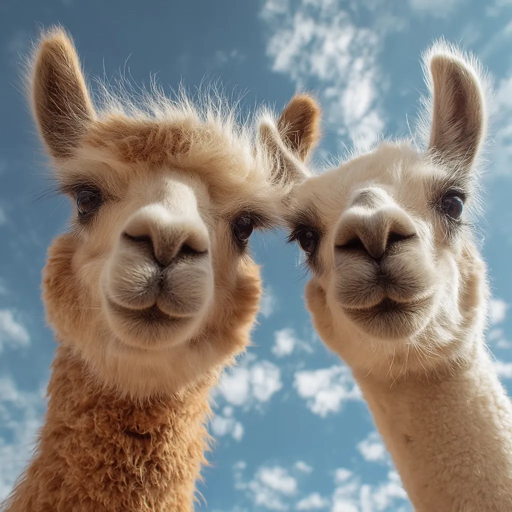 Two alpacas, one light brown and one white, are photographed from a low angle against a bright blue sky dotted with fluffy white clouds.  Their faces are close to the camera, giving a whimsical, playful perspective.  Both alpacas have soft, fluffy fur and endearing expressions. The image is cheerful and captures the animals' unique charm.