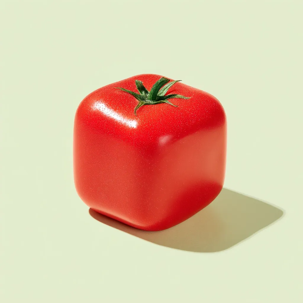 A perfectly square, bright red tomato sits on a pale green background.  Its smooth skin glistens subtly, and a small green stem crowns its top. The cube-shaped tomato casts a soft shadow, creating a striking contrast against the minimalist backdrop.  The image is surreal and playful, highlighting the unexpected form of the familiar fruit.