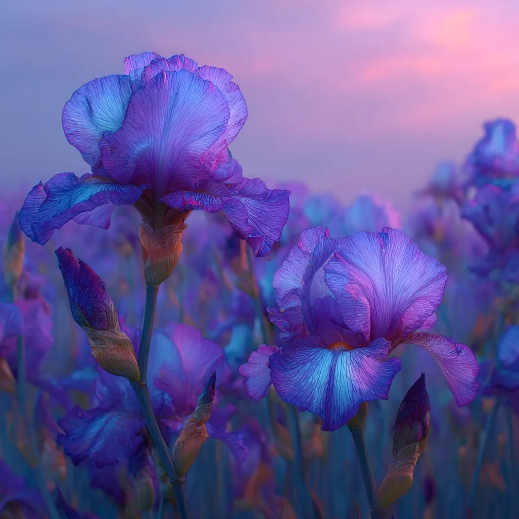 Two vibrant purple irises stand in the foreground, their petals delicately detailed against a soft, pastel sunset.  Surrounding them is a field of blurred, similar irises, creating a dreamy, ethereal atmosphere. The colors are predominantly shades of purple and blue, enhanced by the warm glow of the twilight sky.  The image evokes a sense of peace and tranquility.