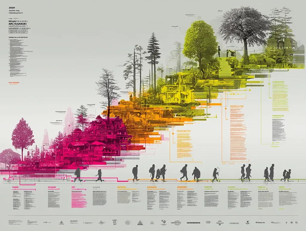 This infographic depicts a chronological urban development plan.  Color-coded stages illustrate the transformation from a natural landscape to a built environment, showcasing residential areas, parks, and infrastructure growth. Silhouetted figures represent people traversing this evolving landscape. Accompanying text provides detailed explanations of each phase, forming a comprehensive visual narrative of urban planning and its impact.