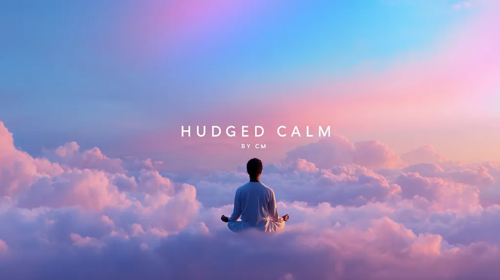 A person sits in a lotus position atop a sea of pastel-colored clouds, bathed in the soft light of a sunrise or sunset. The serene scene is titled "Hudged Calm by CM," evoking a feeling of tranquility and peace. The image is calming and aesthetically pleasing, with a dreamy, ethereal quality.  The sky transitions smoothly from soft blues to warm pinks and purples.