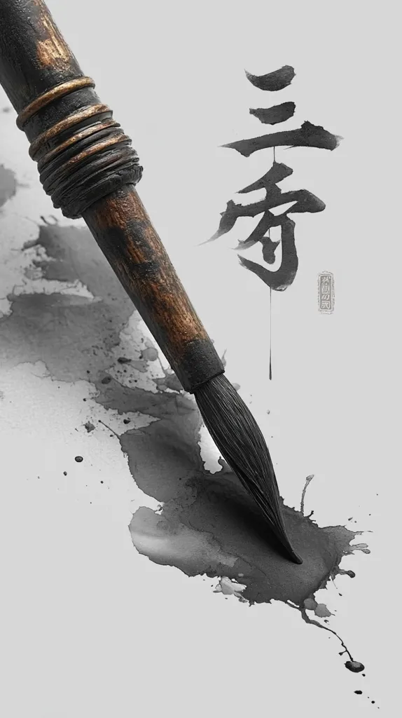 A weathered, dark brown brush with metallic accents rests on a light gray surface, angled to the right.  Black ink spills and blots across the paper, forming an abstract shape.  Above the brush, the Chinese character for "Spring" (春) is elegantly written in black ink, showcasing the calligraphic art form.  The overall aesthetic is minimalist and evokes a sense of traditional Asian art.