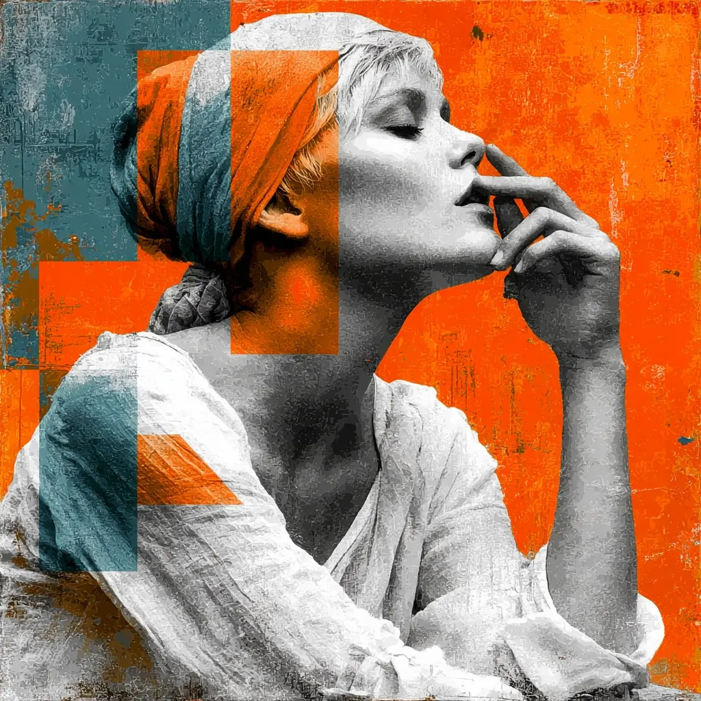 A stylized portrait of a woman, her head wrapped in a vibrant orange and teal headscarf.  She is depicted in grayscale, contrasting against a bold orange and teal textured background. Geometric shapes in orange and teal overlay the image, creating a fragmented, modern art effect. The woman's pose is contemplative, her hand gently touching her face. The overall feel is one of artistic expression and emotional depth.