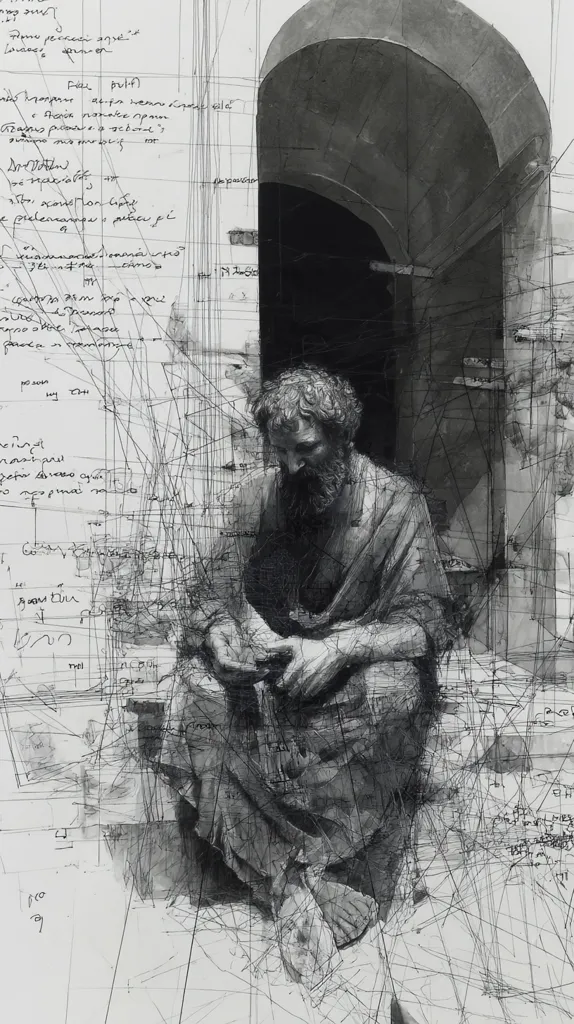 A monochromatic drawing depicts a bearded man, seemingly ancient Greek, seated and hunched, appearing contemplative. He's centrally positioned against a background of architectural lines, reminiscent of a ruin or building under construction.  Overlapping sketches and handwritten text, possibly notes or fragments, surround the figure, adding layers of complexity to the artwork.  The style is expressive and textured, employing charcoal or graphite.