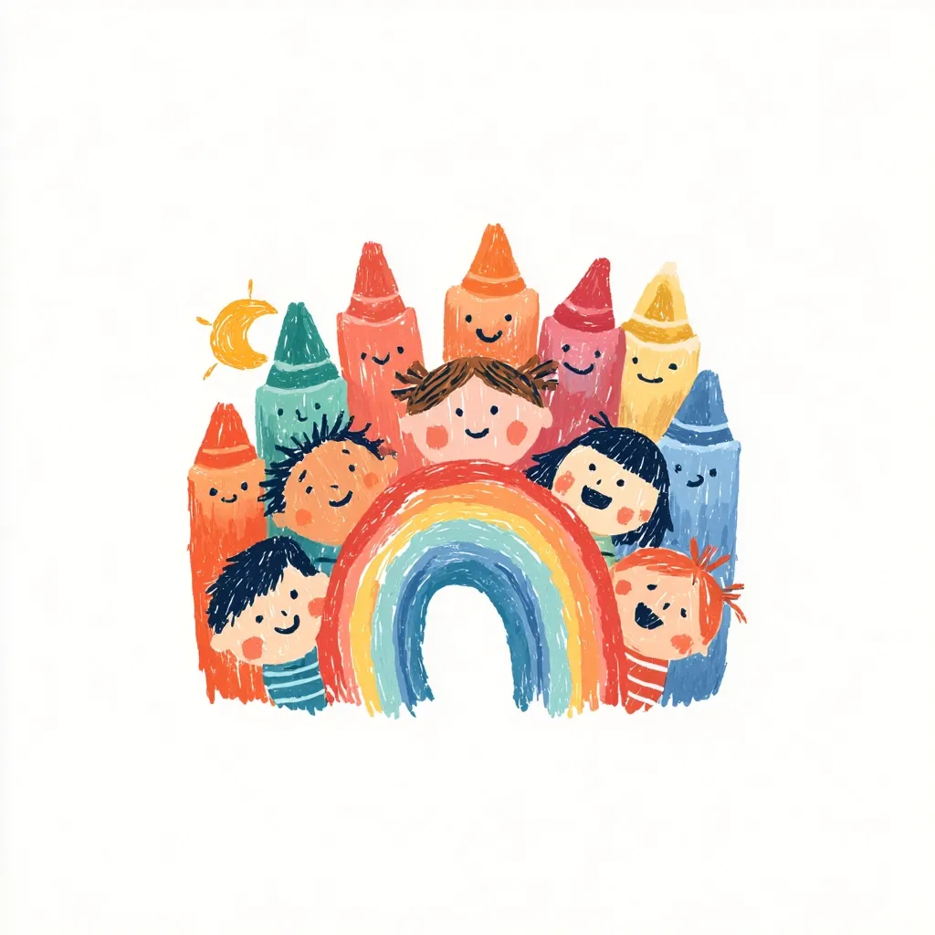 A cheerful illustration features a group of smiling children peeking from behind a colorful array of crayon-like characters.  A vibrant rainbow arches below them, completing the scene.  The style is whimsical and childlike, with crayon-textured lines and bright, happy faces. A small sun and crescent moon add to the playful atmosphere.