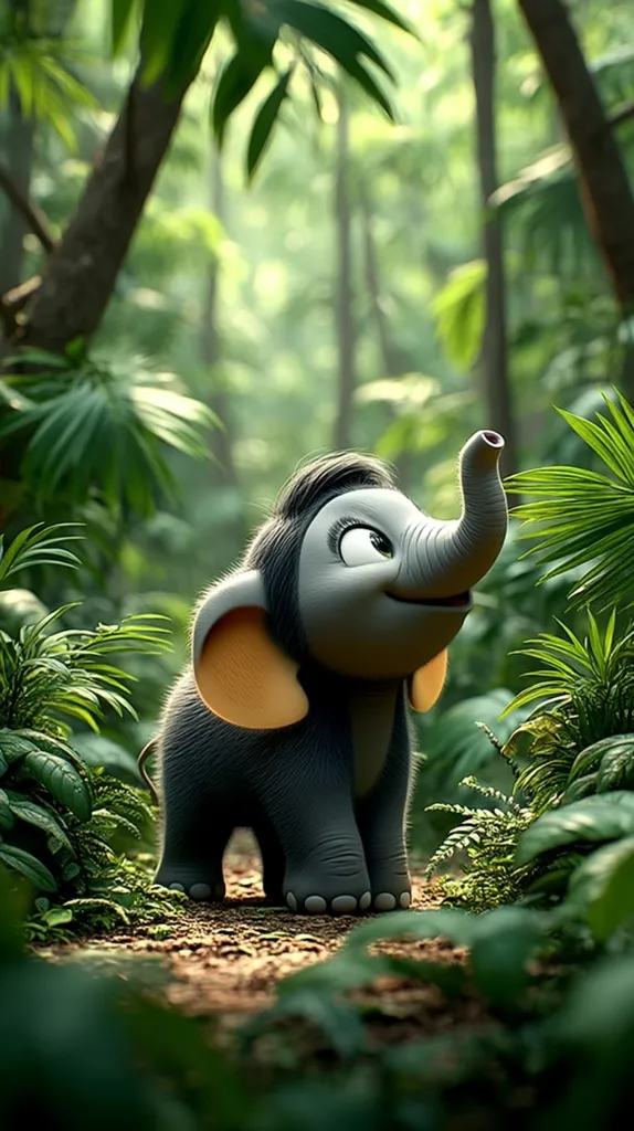 A charming, cartoon baby elephant stands on a forest path, surrounded by lush green foliage.  Its large ears are a warm orange, contrasting with its grey body and dark hair. The elephant's expression is sweet and curious, its trunk raised slightly.  Sunlight filters through the dense trees, creating a magical, jungle atmosphere.  The scene is rendered in a highly detailed, realistic style.