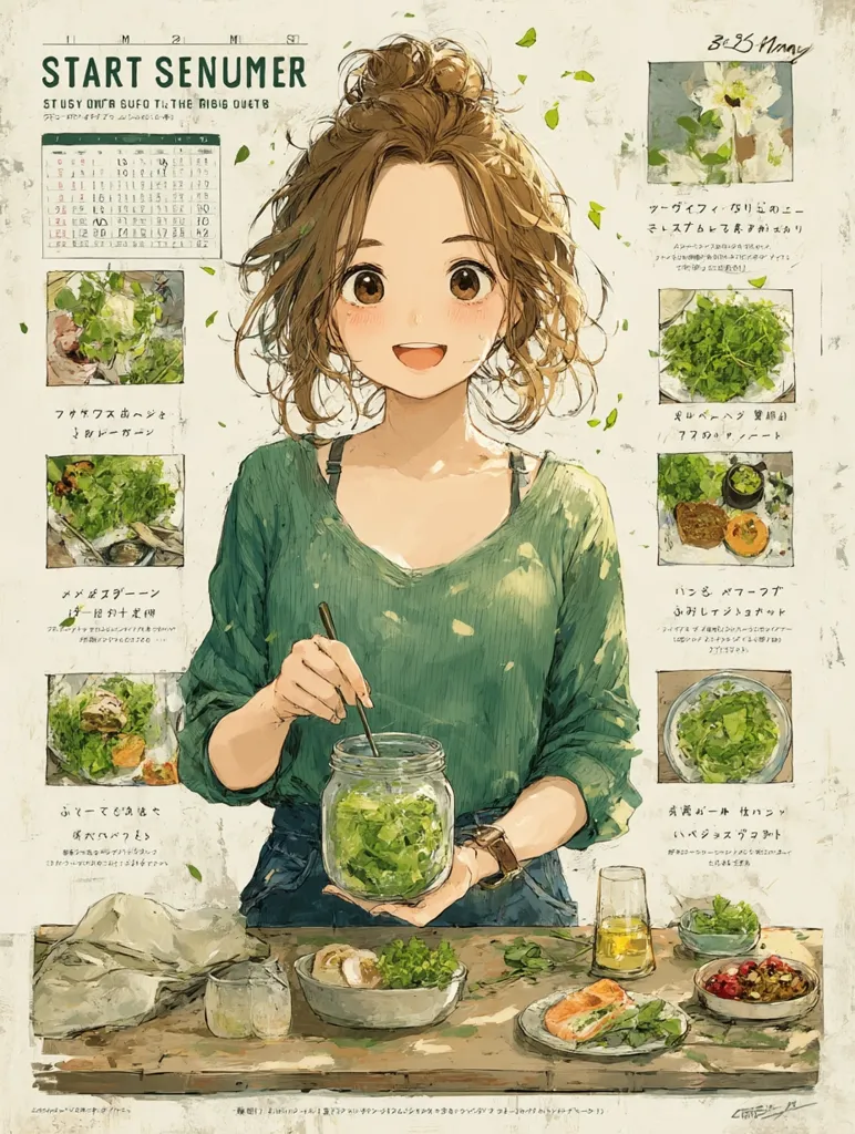 A charming illustration features a young woman with brown hair styled in a bun, preparing a salad. She's dressed in a green long-sleeved shirt and jeans, holding a jar of greens and a spoon.  Surrounding her are various dishes and ingredients, including a bowl of mushrooms and a glass of what appears to be a yellow drink. The image also incorporates a calendar and handwritten text in Japanese, likely recipes or descriptions of the food. The overall style is soft, watercolor-like, and evokes a cozy, homely atmosphere.