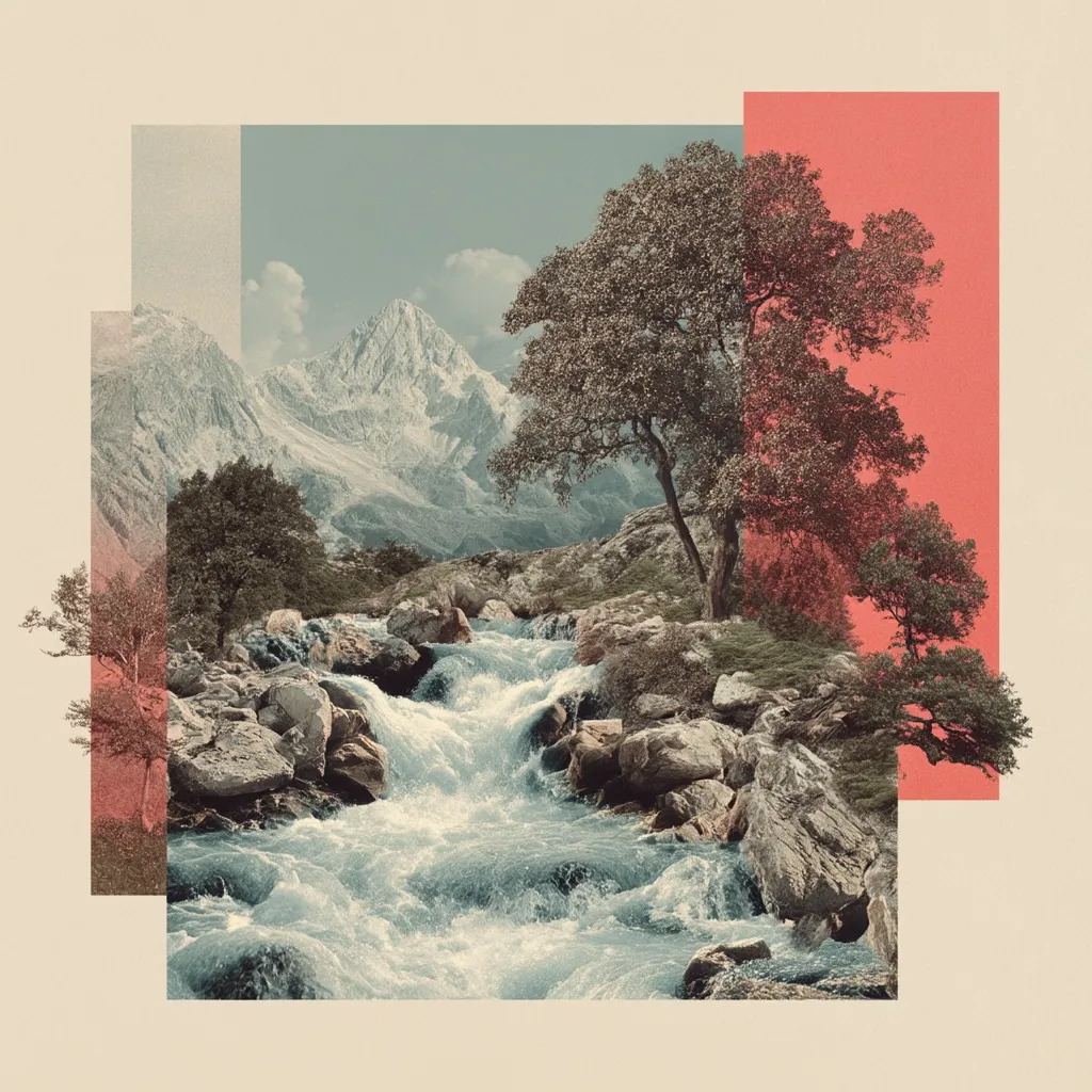 A serene landscape collage features a rushing river cascading over rocks, nestled amidst lush greenery and majestic snow-capped mountains.  Two prominent trees stand near the riverbank, their branches reaching towards a vibrant coral-toned sky. The overall aesthetic is a blend of vintage and modern, with a muted color palette enhancing the peaceful atmosphere.  The image is composed of distinct sections, creating a layered and artistic effect.