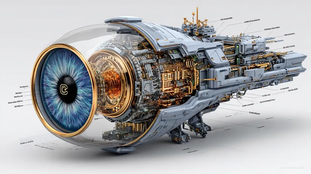 A detailed cutaway illustration reveals the intricate inner workings of a futuristic spaceship.  Its design blends organic and mechanical elements, with a prominent eye-like engine at the front, encased in glass.  Gold accents highlight the complex internal machinery, and the vessel's exterior is sleek and gray.  Various components are labeled, suggesting a technical blueprint or diagram. The image showcases a blend of science fiction aesthetics and technological precision.