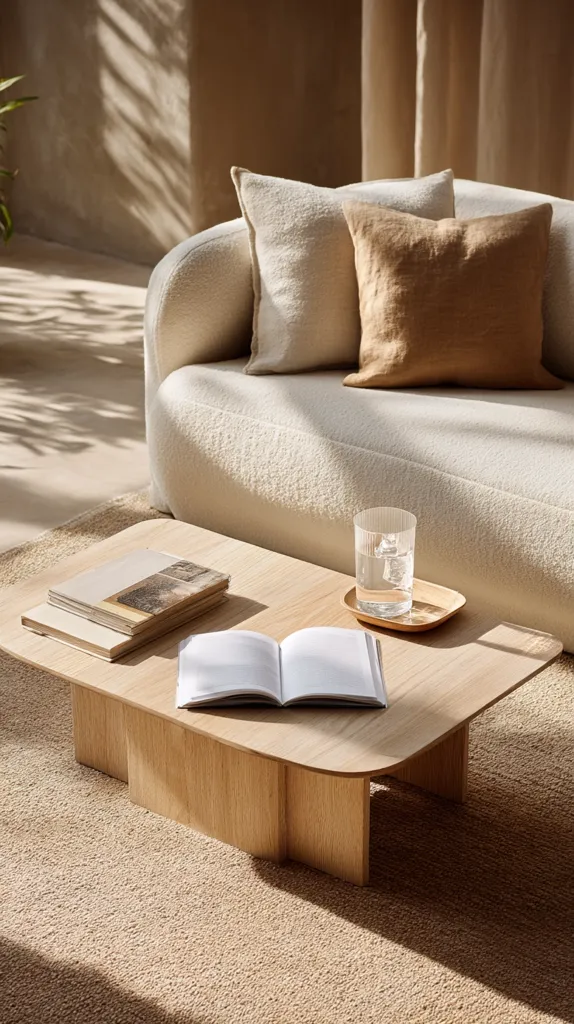 A light oak coffee table sits on a beige rug in front of a cream-colored, curved sofa with beige and tan cushions.  Sunlight streams through sheer curtains, illuminating the scene.  A book lies open on the table, alongside a stack of magazines and a glass of water on a small coaster. The overall aesthetic is minimalist and serene.