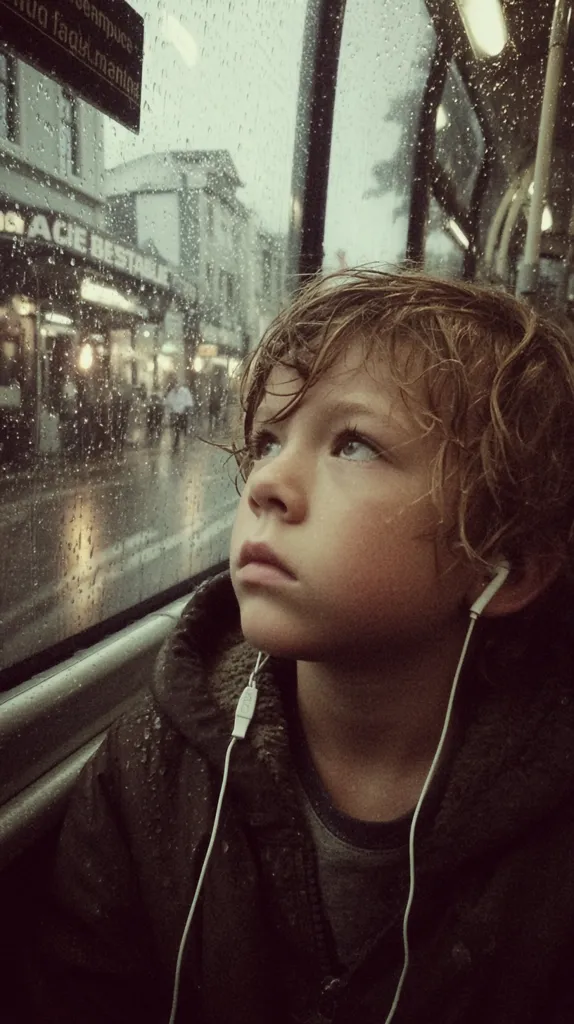 A young boy with wet, curly hair sits on a bus, gazing out the rain-streaked window.  He wears a dark jacket and headphones, lost in thought as the city blurs past.  Rain droplets cling to the glass, mirroring the contemplative expression on his face.  The scene is quiet, melancholic, yet holds a sense of peaceful observation.
