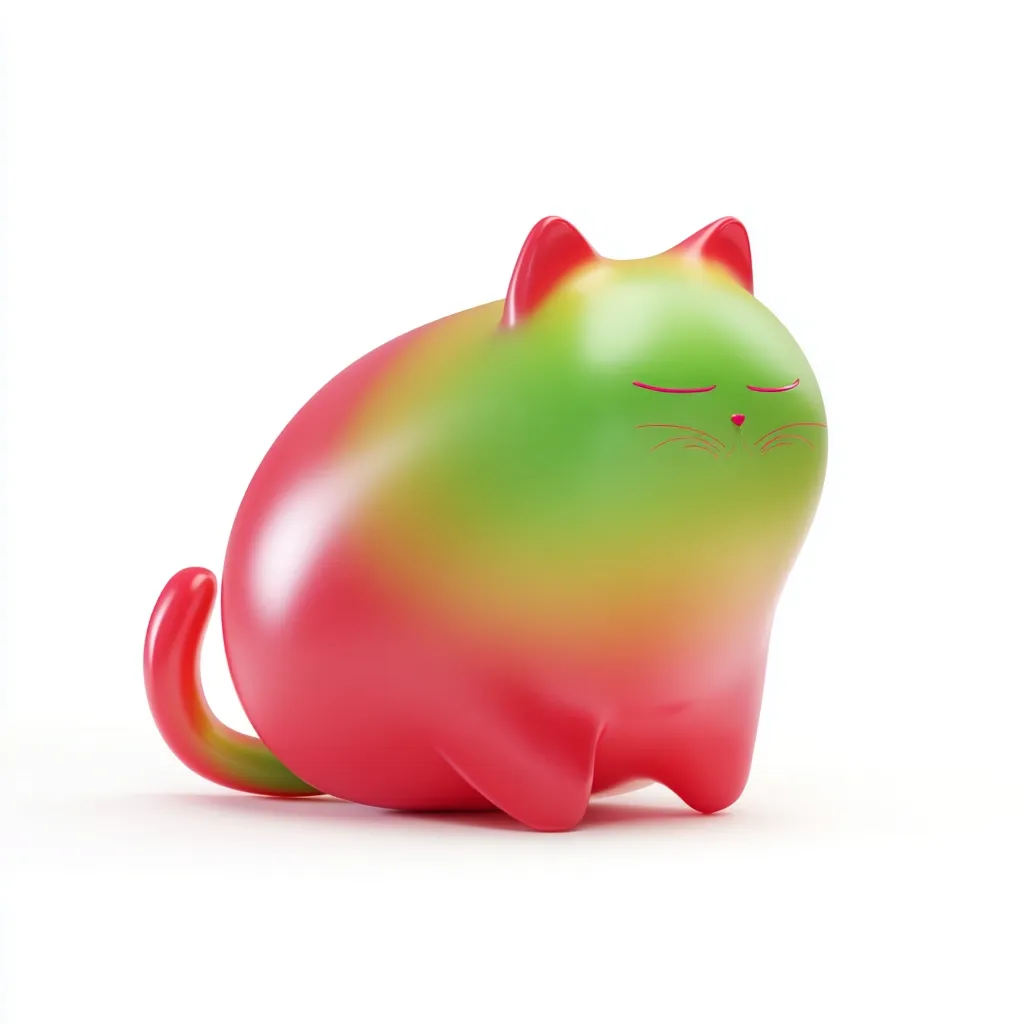 A vibrant, stylized cat figurine is depicted.  Its smooth, glossy surface transitions from a reddish-pink base to a lime green on its back.  The cat is plump and rounded, with simple, painted facial features suggesting a serene expression.  The overall design is playful and minimalist.