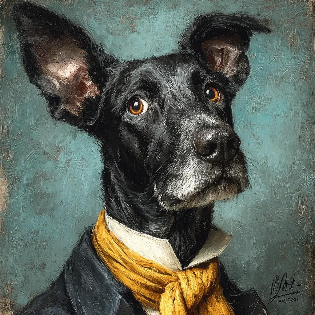 A digital painting in the style of a classical portrait depicts a black dog wearing a dark suit and a mustard yellow cravat.  The dog's large ears are prominent, and its expression is one of gentle curiosity. The background is a muted teal, enhancing the rich texture of the dog's fur and clothing.  The artist's signature is subtly placed in the bottom right corner.