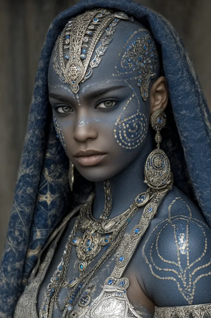 A close-up portrait of a woman adorned in elaborate silver jewelry and a blue headdress.  Her skin is painted a deep blue, accented with silver detailing, creating a striking contrast. The intricate design of her jewelry and body paint suggests a fantasy or mythical character. Her gaze is direct and intense, conveying a sense of strength and mystery.