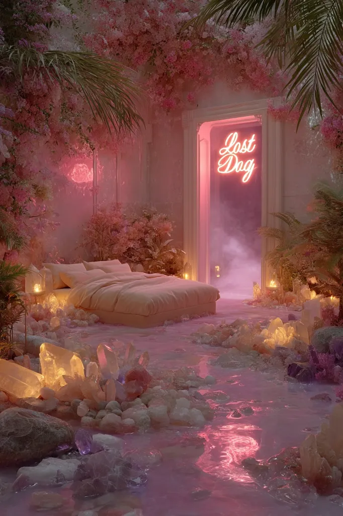 A dreamy bedroom scene unfolds, bathed in a soft pink glow.  A bed sits serenely amidst a flowing stream of pink water, surrounded by luminous crystals and flowering plants.  A neon sign reading "Lost Dog" hangs above a doorway shrouded in mist, adding a touch of mystery to this ethereal setting. The overall atmosphere is serene and fantastical.